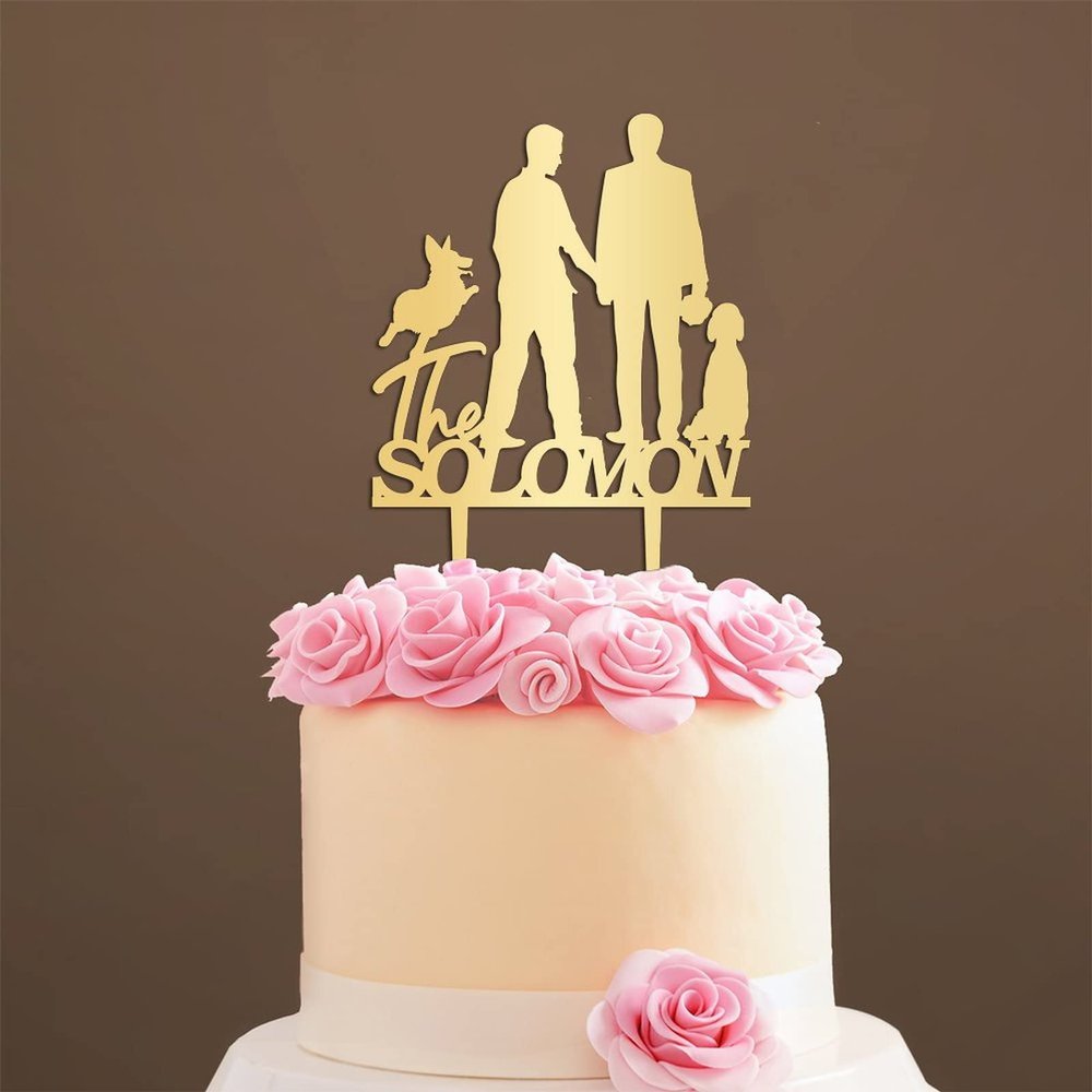 Personalized Mr And Mr Funny Cake Topper Gay Silhouette Cake Topper for Wedding with Dog Mr And Mr Engagement Cake Topper with Cat Same Sex Wedding Cake Topper (Mirror Gold Acrylic)