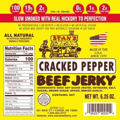 Stans Cracked Pepper Beef Jerky | Beef Jerky Snack Packs | Keto Snack | Gluten Free Snacks | 6.25oz Single Pack