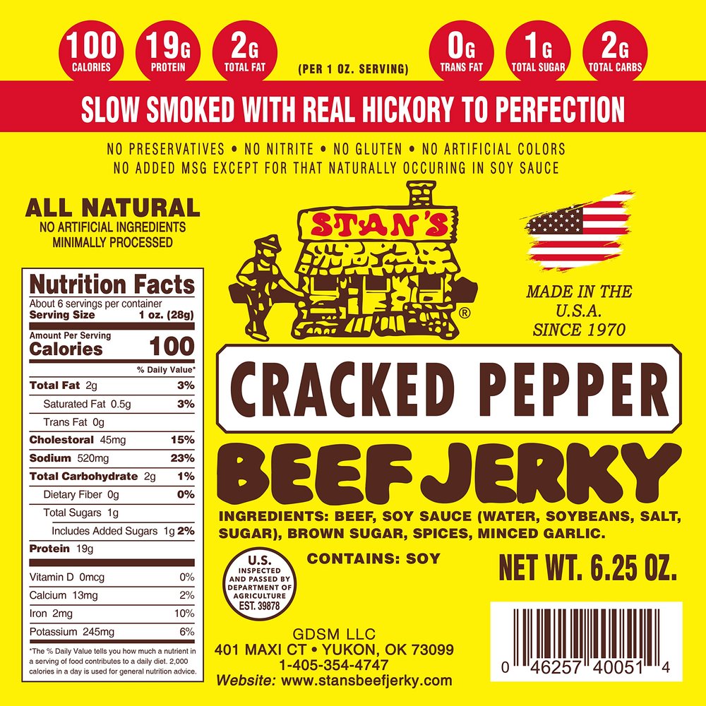 Stans Cracked Pepper Beef Jerky | Beef Jerky Snack Packs | Keto Snack | Gluten Free Snacks | 6.25oz Single Pack
