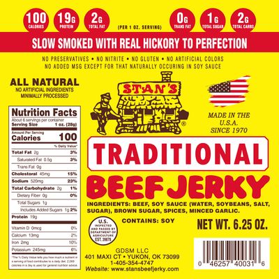 Stans Traditional Beef Jerky | Beef Jerky Snack Packs | Keto Snack | Gluten Free Snacks | 6.25oz Single Pack