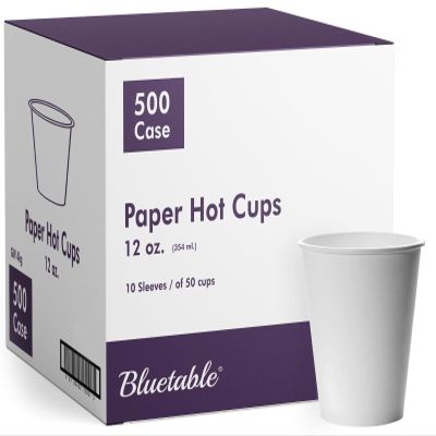 Bluetable 12 oz Coffee Cups [500 Count] Paper Cups 12 oz Bulk Hot Cups 12oz Case Packs Hot Beverage Cup Tea Coffee Office School Dispenser 10 Sleeves of 50 cups White [500 Pack/Case]