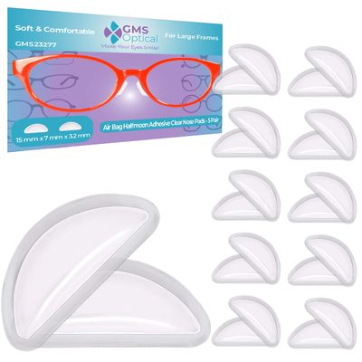 GMS Optical Adhesive Anti-Slip Halfmoon Air Bag Cushion Silicone Nose Pad Reduce Pressure and Prevent Slipping for Glasses, Eyeglasses, Sunglasses(15mm x 7mm x 3.2mm) (10 Pair) (Clear)