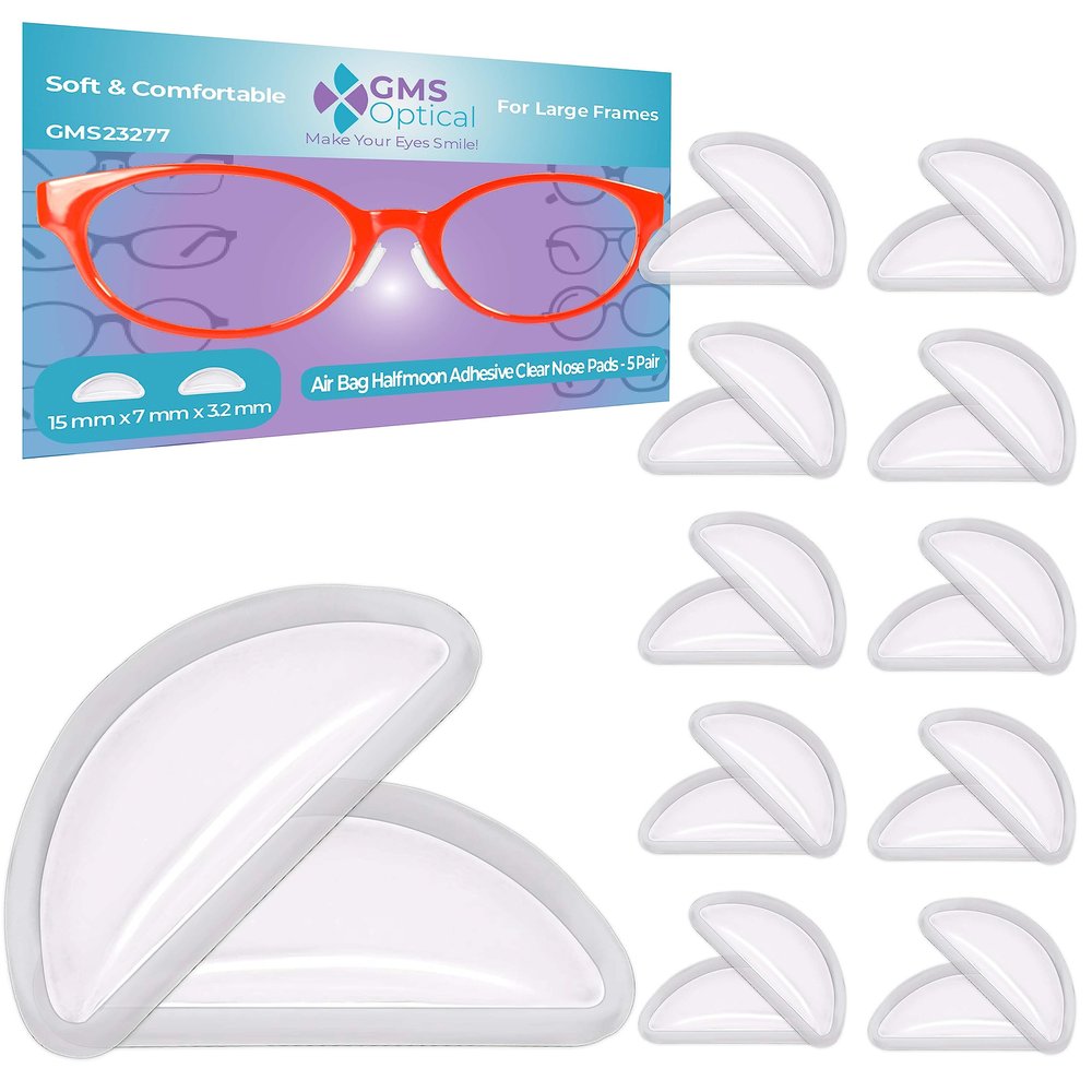 GMS Optical Adhesive Anti-Slip Halfmoon Air Bag Cushion Silicone Nose Pad Reduce Pressure and Prevent Slipping for Glasses, Eyeglasses, Sunglasses(15mm x 7mm x 3.2mm) (10 Pair) (Clear)