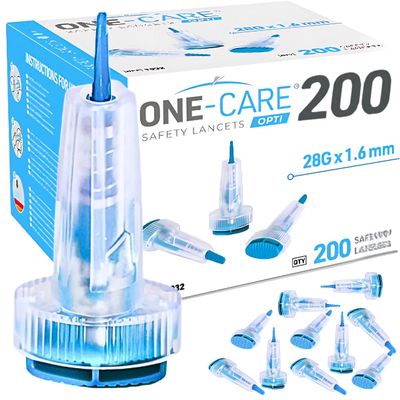 200 Count, ONE-CARE Opti Safety Lancets Top Button Activated, 28G x 1.6mm, 200 Count, Auto-Retractable, Sterile, Single Use,