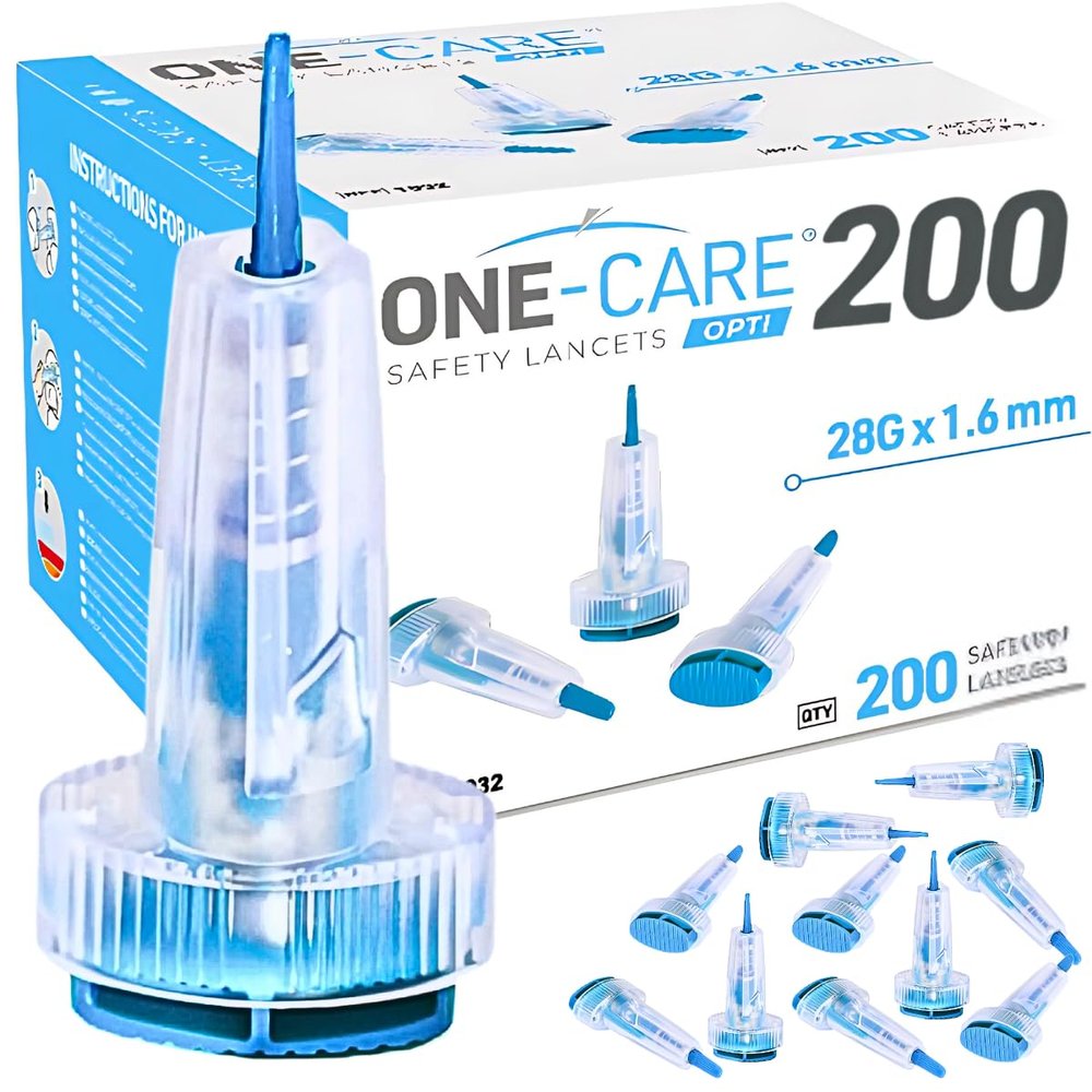 200 Count, ONE-CARE Opti Safety Lancets Top Button Activated, 28G x 1.6mm, 200 Count, Auto-Retractable, Sterile, Single Use,