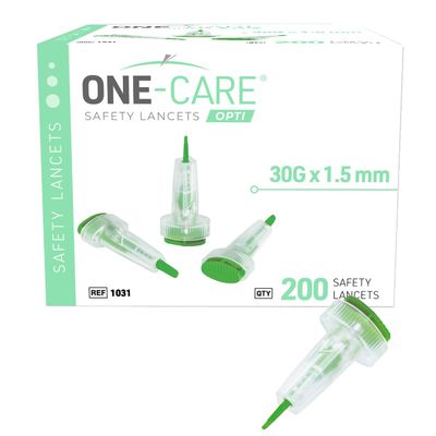 200 Count: ONE-CARE Opti Safety Lancets, Top Button Activated, 30G x 1.5mm, Auto-Retractable, Sterile, Single Use, Ideal for Blood Testing, Ultra-Thin for Comfort