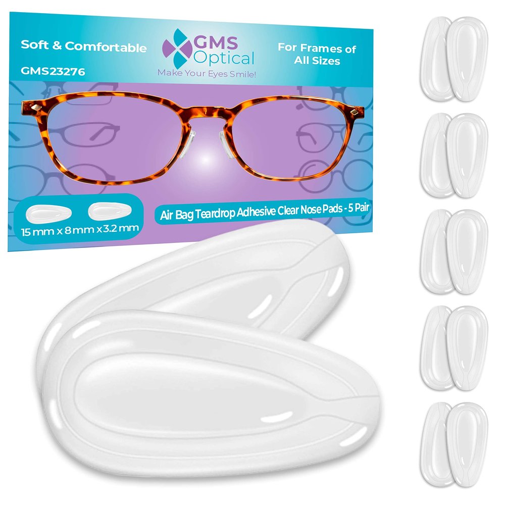 GMS Optical 3.2mm Extra-Thick / 15mm Medium-Length - Adhesive Air Bag Teardrop Anti-Slip Silicone Nose Pad Reduce Pressure and Prevent Slipping for Glasses, Eyeglasses, Sunglasses (5 Pair)(Clear)