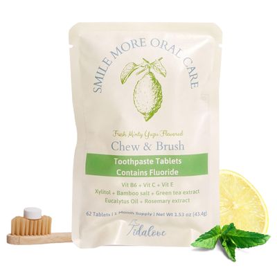 Tidalove Smile More Toothpaste Tablets with Fluoride, Anti-Cavity, Vegan, Zero Waste, Eco-Friendly, Travel Friendly, 1 Month Supply Refill (62 Tablets) (Fresh Minty Yuzu)