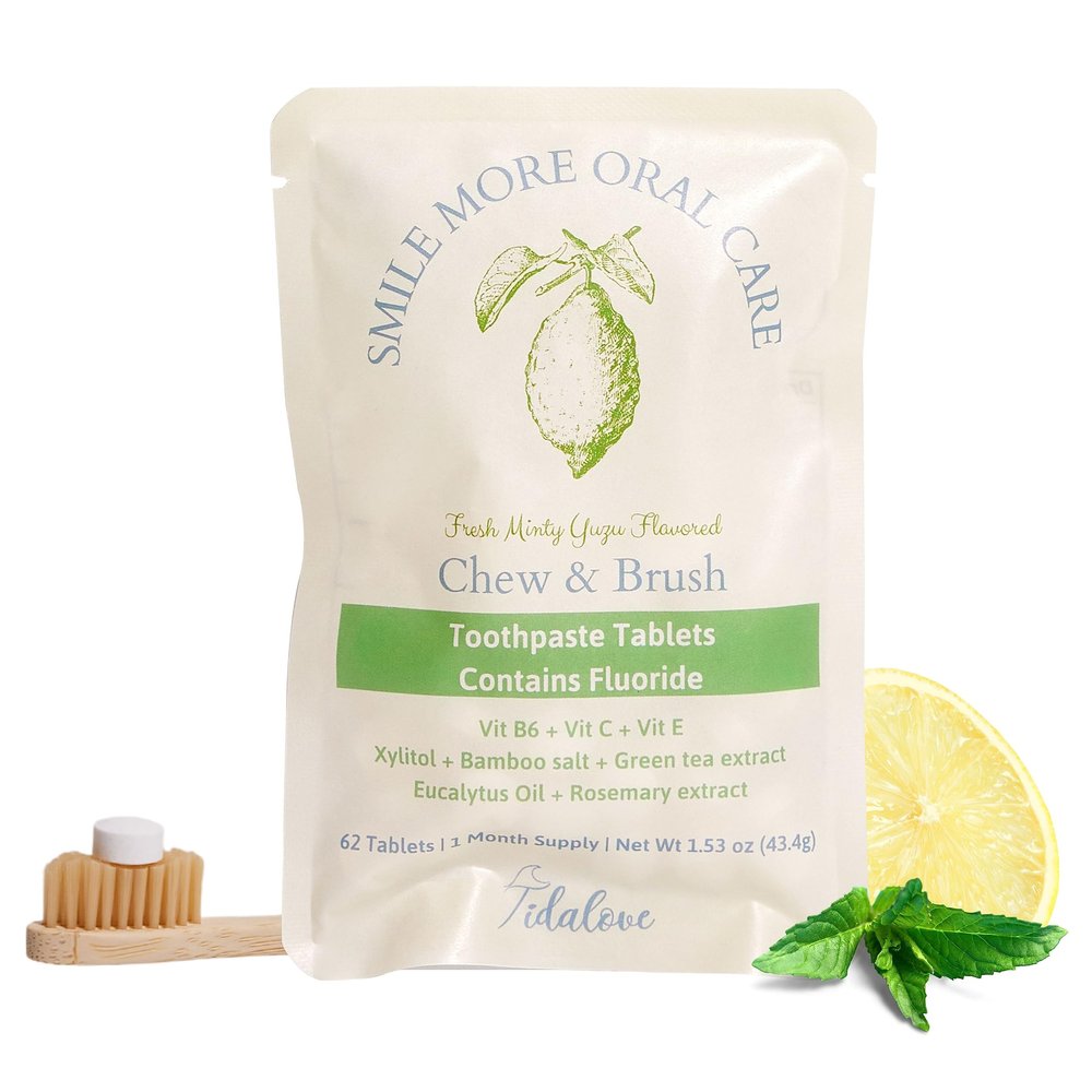 Tidalove Smile More Toothpaste Tablets with Fluoride, Anti-Cavity, Vegan, Zero Waste, Eco-Friendly, Travel Friendly, 1 Month Supply Refill (62 Tablets) (Fresh Minty Yuzu)