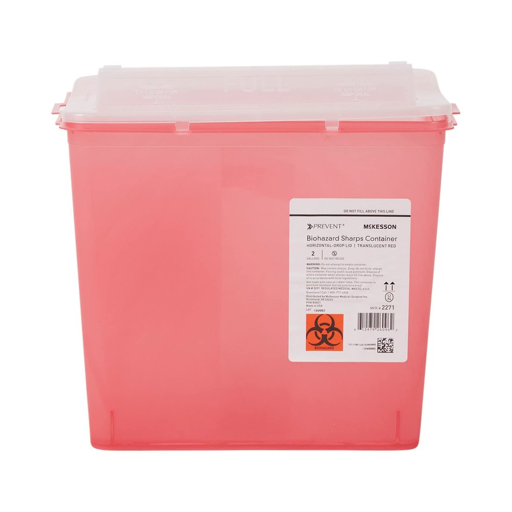 McKesson Prevent Sharps Container for Home Use, 2 Gallon - for Biohazard Infectious Waste, Needle and Syringe Disposal - Translucent, Touchless Lid - Red, 20 Count