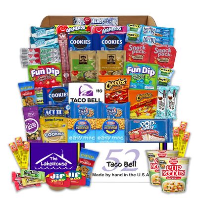LakeHouse Student 52 College Care Package with Taco Bell Gift Card - College Essentials Snack Box - College Snack Boxes Care Packages for College Students Gift Basket - College Dorm Room Essentials