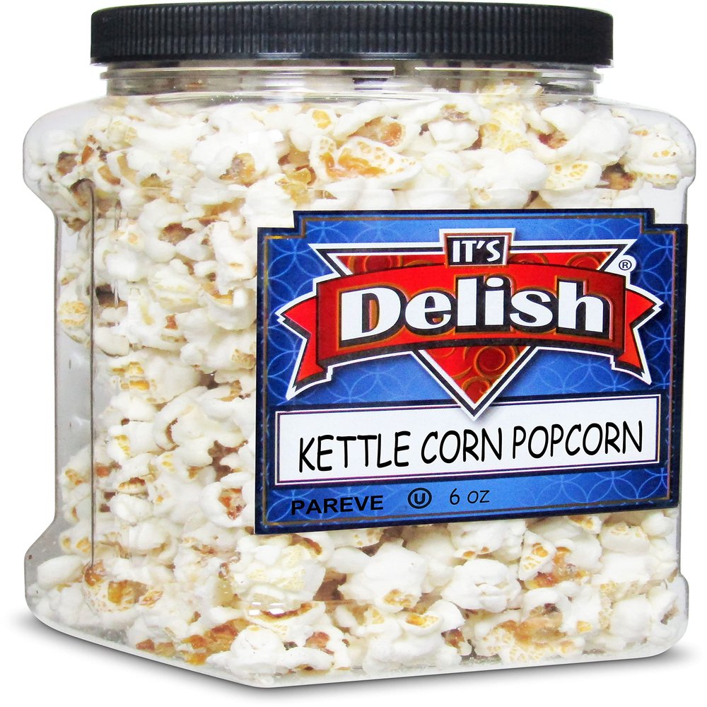 Gourmet Kettle Corn Popcorn by It's Delish, 6 Oz Jumbo Container | Sweet and Salty Kettle Popcorn | Air Popped Pop Corn Healthy Snacks for Movie Night Snack Carnival Party | Gluten Free, Vegan, Kosher