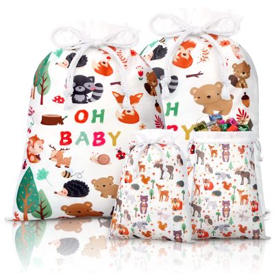Sadnyy 4 Pcs Baby Shower Large Gift Bags for Boys Woodland Animals Drawstring Gift Wrap Bag Fabric Reusable Present Treat Bags for Baby Shower Forest Birthday Gender Reveal Party