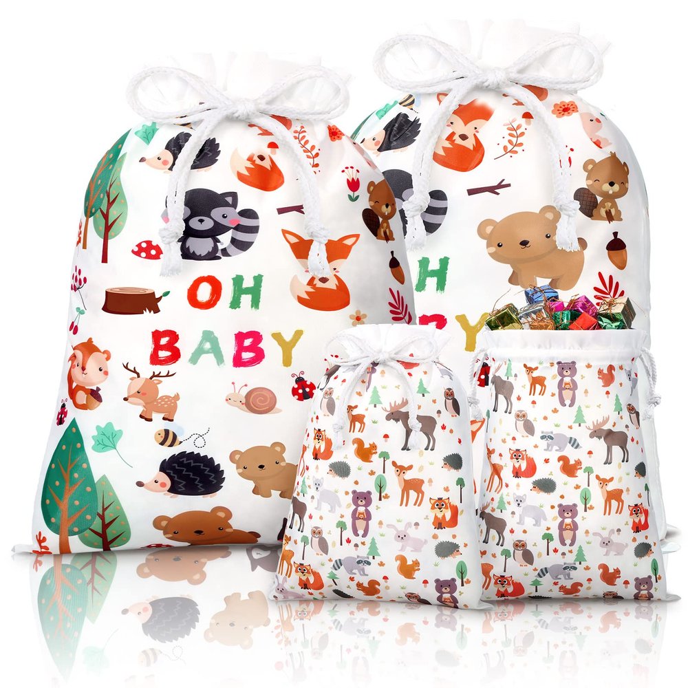 Sadnyy 4 Pcs Baby Shower Large Gift Bags for Boys Woodland Animals Drawstring Gift Wrap Bag Fabric Reusable Present Treat Bags for Baby Shower Forest Birthday Gender Reveal Party