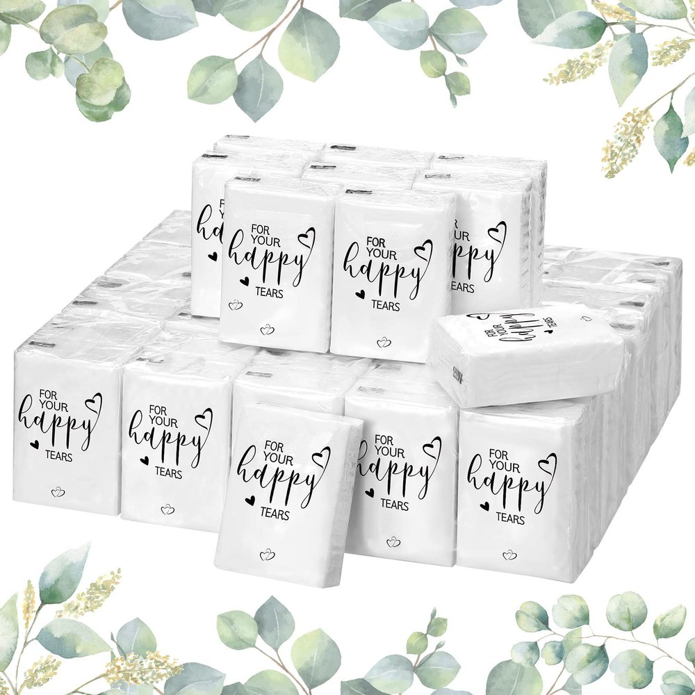 Spiareal 50 Pcs Happy Tears Tissues for Wedding 3 Ply for Your Happy Tears Tissues Packs for Guests Individual Mini Travel Size Pocket Paper for Wedding Party Favor Graduation