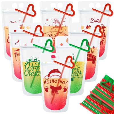 Spiareal 24 Set Christmas Drink Pouches for Adult with Straw, Drink Bags Reclosable Plastic Juice Pouches Xmas Juice Pouch for Christmas Party New Year Beverage Cocktail(Classic)