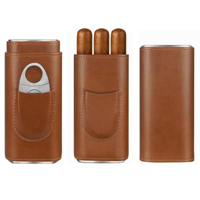 cgaplus 3-Finger Leather Cigar Case with Cutter Cedar Wood Lined Cigar Humidor Portable Travel Cigar Case(Brown)