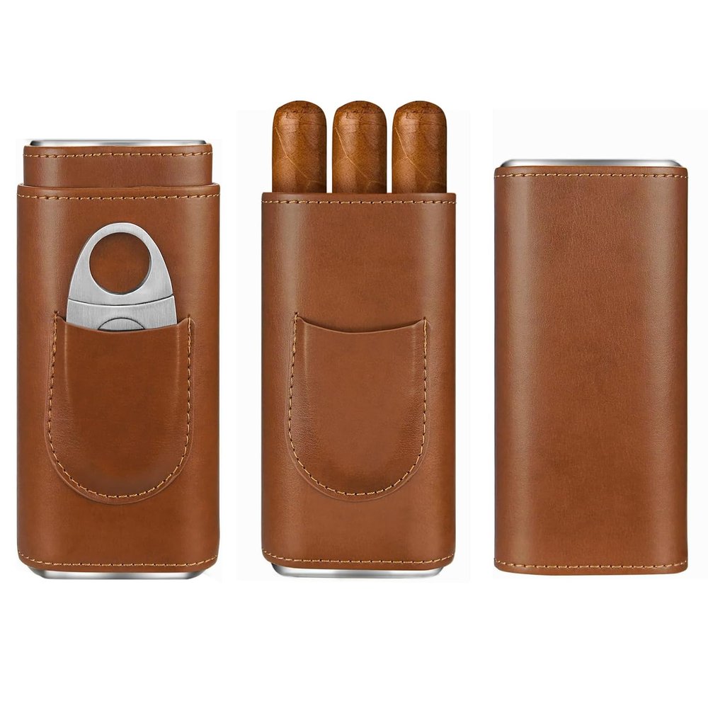 cgaplus 3-Finger Leather Cigar Case with Cutter Cedar Wood Lined Cigar Humidor Portable Travel Cigar Case(Brown)