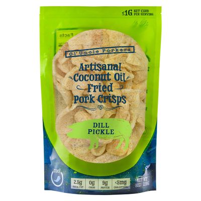 Ol' Uncle Porkers Keto-Friendly Pork Rinds Fried in Coconut Oil, 8 oz Bags, (Dill Pickle Flavor, Pack of 1)