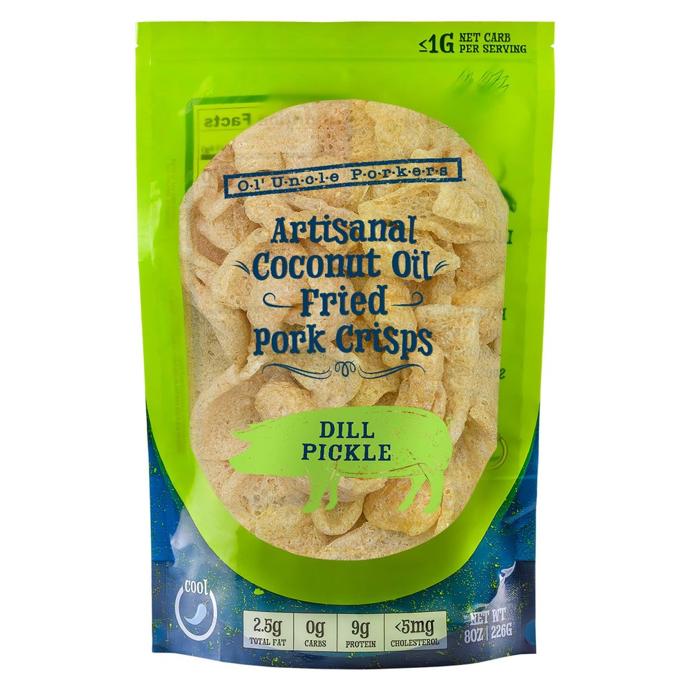 Ol' Uncle Porkers Keto-Friendly Pork Rinds Fried in Coconut Oil, 8 oz Bags, (Dill Pickle Flavor, Pack of 1)