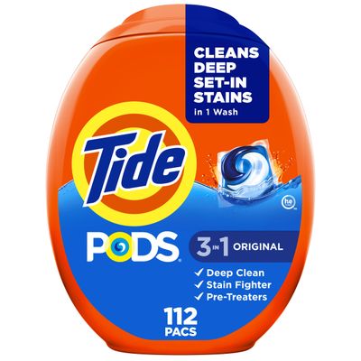 Tide PODS laundry detergent pacs, 3-in-1 Stain Remover, Odor Fighter, Color Protector, 112 Count, HE compatible, Original Scent