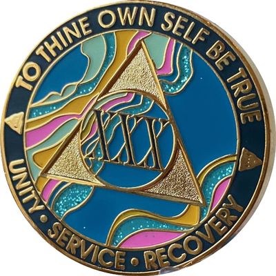 30 Year AA Medallion Elegant Marble Tahiti Teal Blue and Pink Gold Plated Chip