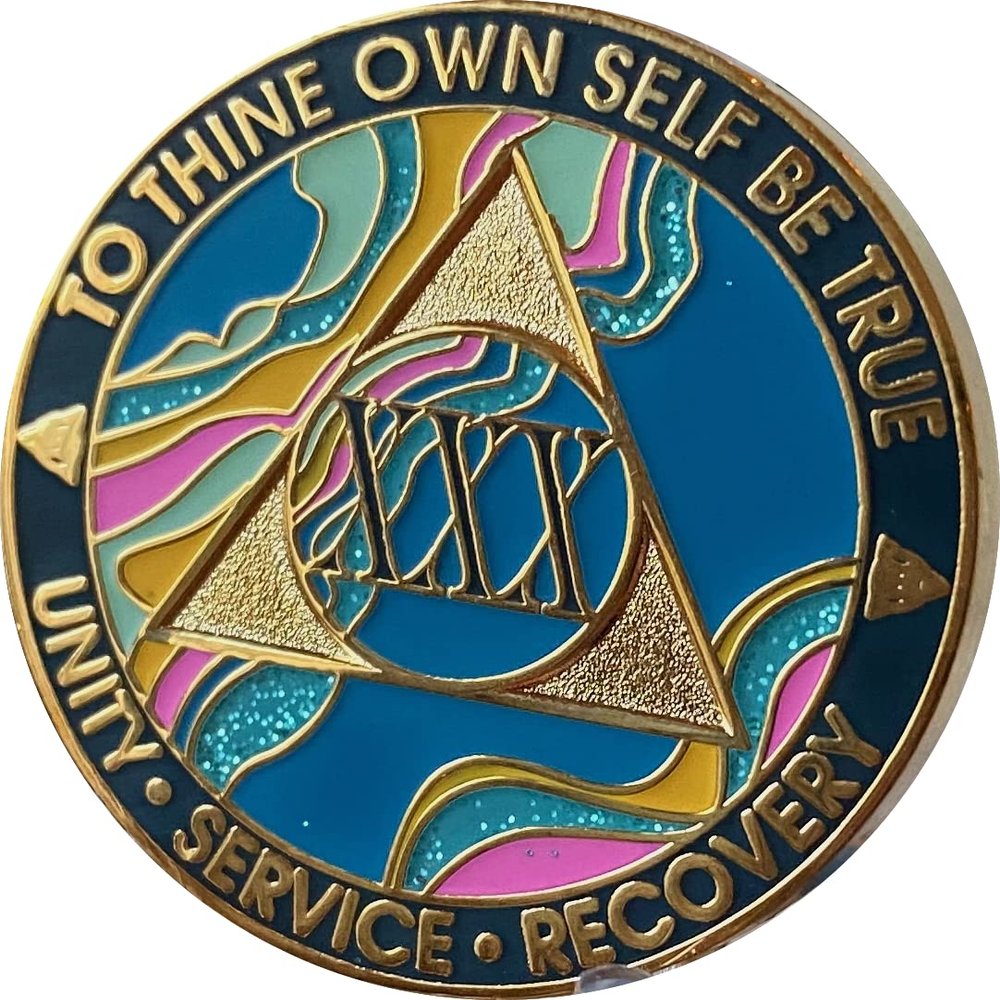 30 Year AA Medallion Elegant Marble Tahiti Teal Blue and Pink Gold Plated Chip