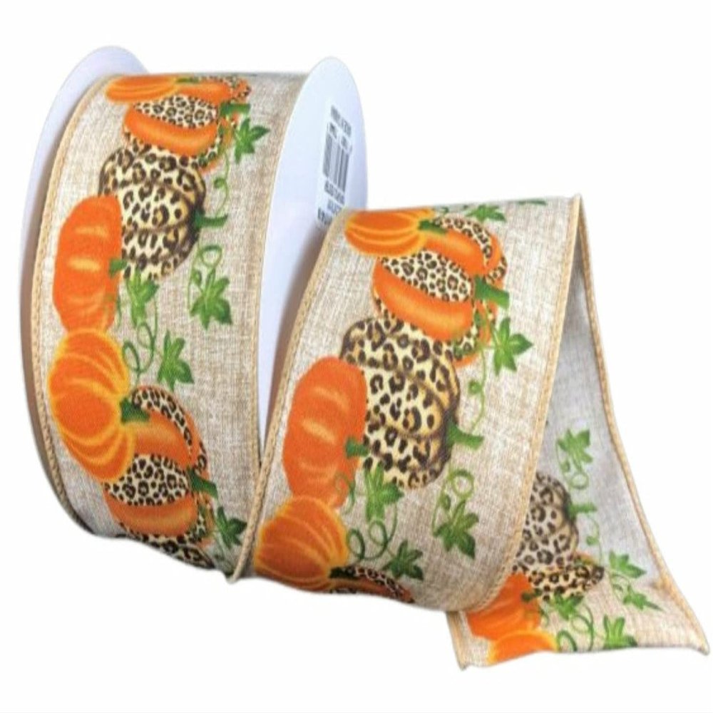 Jascotina, 2.5" Natural Linen Cheetah Pumpkin Ribbon: Orange (10 Yards) - Fall Gift Wrapping Wired Ribbon
