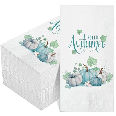 100 Pack Fall Guest Napkins, Thanksgiving Blue Pumpkins Paper Napkins Autumn Disposable Hand Towels 3-Ply Dinner Napkins for Kitchen, Fall Harvest Parties Dinners or Events