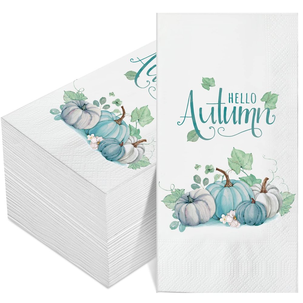 100 Pack Fall Guest Napkins, Thanksgiving Blue Pumpkins Paper Napkins Autumn Disposable Hand Towels 3-Ply Dinner Napkins for Kitchen, Fall Harvest Parties Dinners or Events