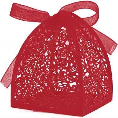 Auto-plaza 50 Pieces Beauty Laser Cut Favor Boxes DIY Wedding Birthday Gift Candy Boxes with Ribbons (Red)