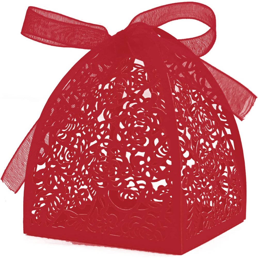Auto-plaza 50 Pieces Beauty Laser Cut Favor Boxes DIY Wedding Birthday Gift Candy Boxes with Ribbons (Red)