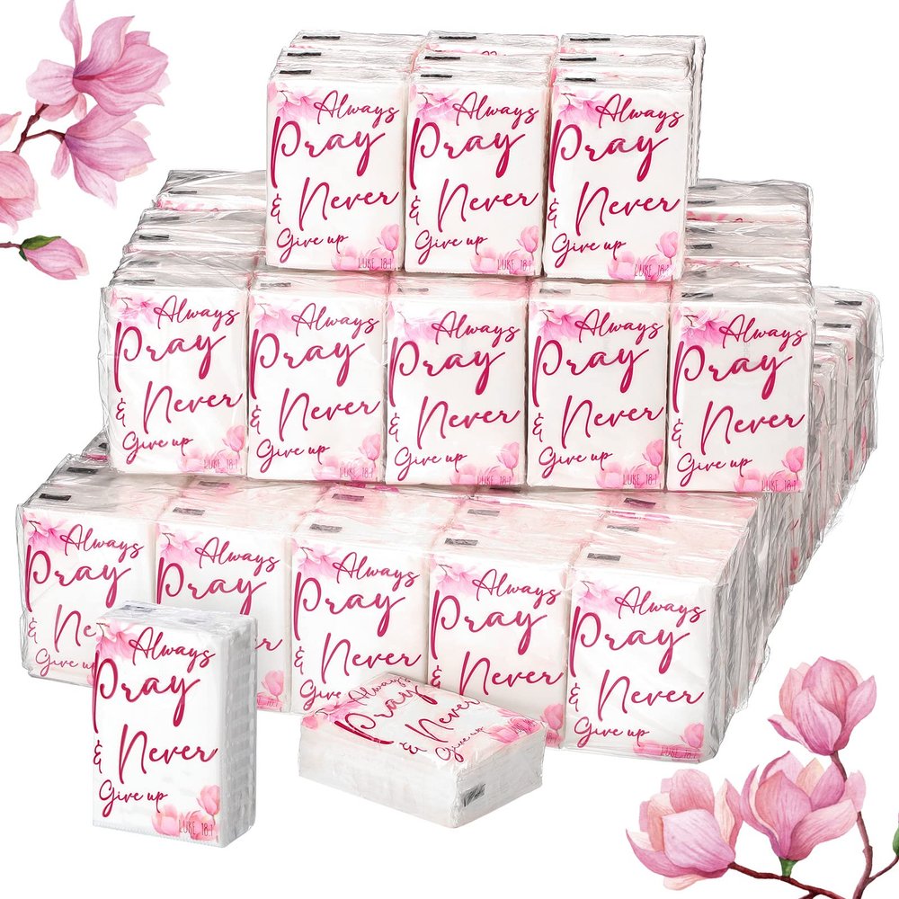 Spiareal 100 Pack Christian Travel Tissues Bulk 3 Ply Mini Bible Verse Individual Pocket Tissue Packs Travel Size Always Pray Never Give up Christian Gift for Wedding Party Homeless Gift Daily Use