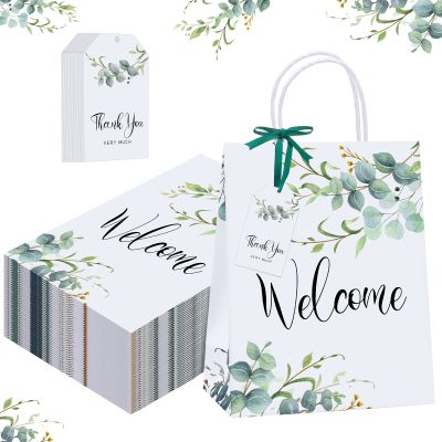 Queekay 36 Pcs Large Welcome Paper Gift Bags with Handle 10.6 x 8.3 x 4 Inches with 36 Tags Wedding Church Party Favor Bridal Gift Bags for Guest Birthday Baby Shower(Eucalyptus Leaf,Green and White)