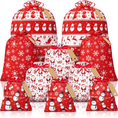 10 PCS Christmas Drawstring Gift Bags with Tags, Red and White Xmas Gift Bags Assorted Sizes Bulk, Large Medium Small Holiday Gift Bag Fabric Wrapping Bags for Xmas Presents Party Favors Decor Goody