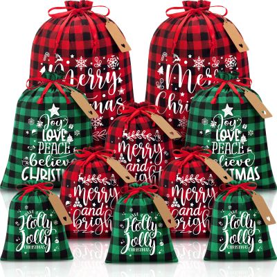 10 PCS Christmas Drawstring Gift Bags with Tags, Buffalo Plaid Xmas Gift Bags Assorted Sizes Bulk, Cotton Fabric Holiday Gift Bag Large Medium Small Wrapping Bag for Xmas Presents Decor Party Favors