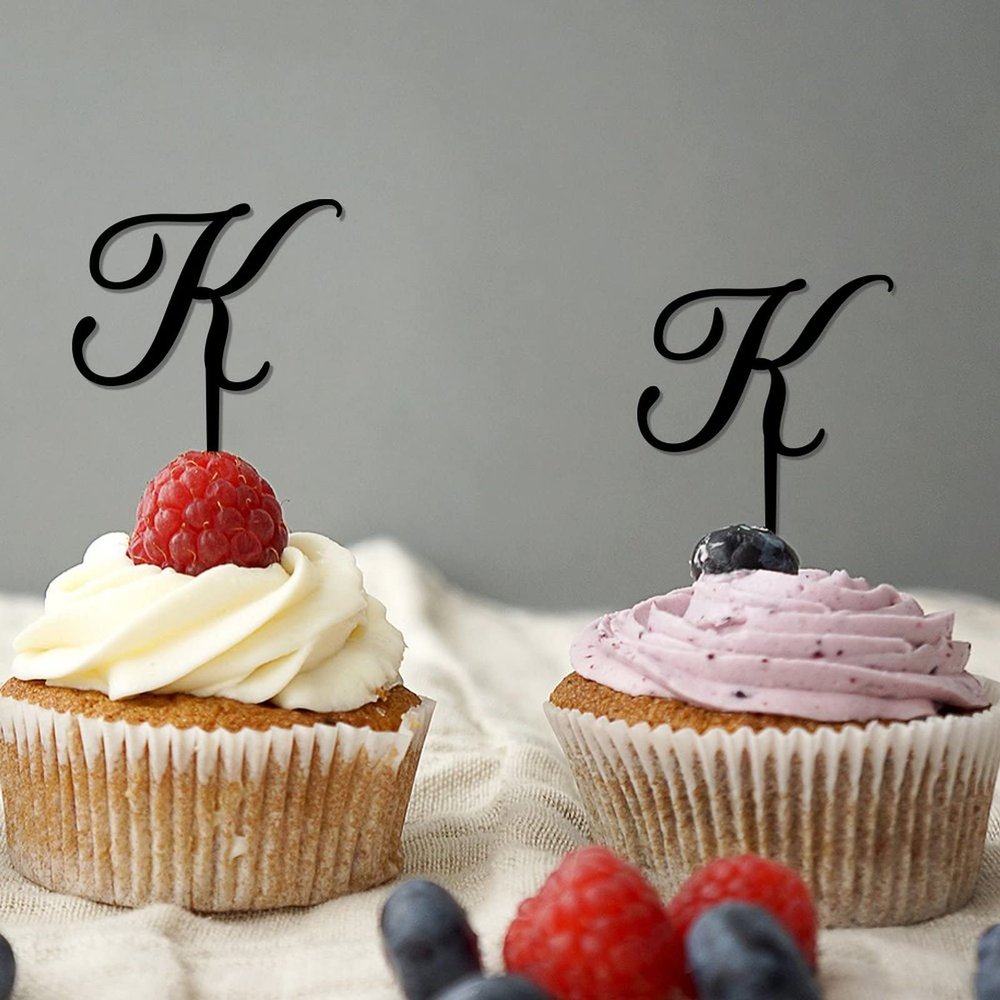 Initial K Cupcake Toppers Single Letter Monogram Name For Wedding Anniversary Party Favors Country Laurel Wreath Choosing Letter Design Color Bachelorette Gifts 6PCS