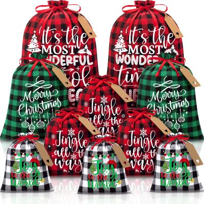 10 PCS Christmas Drawstring Gift Bags with Tags, Buffalo Plaid Xmas Gift Bags Assorted Sizes Bulk, Cotton Fabric Holiday Gift Bag Large Medium Small Wrapping Bag for Xmas Presents Decor Party Favors