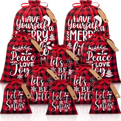 10 PCS Christmas Drawstring Gift Bags with Tags, Buffalo Plaid Xmas Gift Bags Assorted Sizes Bulk, Cotton Fabric Holiday Gift Bag Large Medium Small Wrapping Bag for Xmas Presents Decor Party Favors