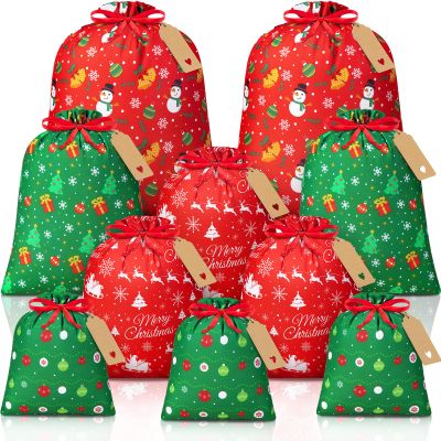 10 PCS Christmas Drawstring Gift Bags with Tags, Xmas Gift Bags Assorted Sizes Bulk, Large Medium Small Holiday Gift Bag Cotton Fabric Gift Wrapping Bag for Christmas Presents Party Favor Goody Sack