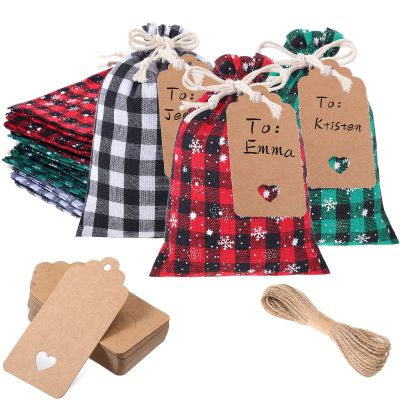 Shappy 24 Pcs Christmas Drawstring Gift Bags Xmas Buffalo Plaid Burlap Advent Bags 7 x 5 Inches Linen Treat Candy Bag with 32.8 ft Rope 24 Card(Assorted Color)