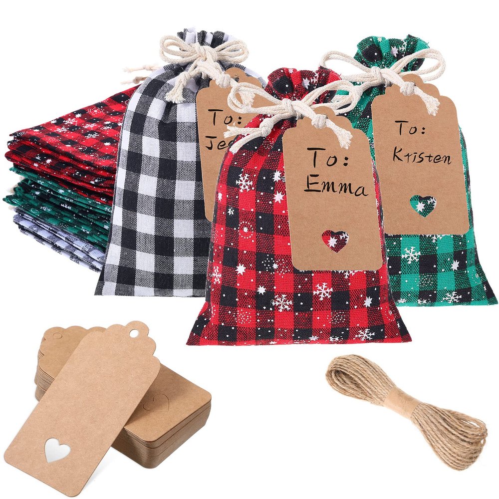 Shappy 24 Pcs Christmas Drawstring Gift Bags Xmas Buffalo Plaid Burlap Advent Bags 7 x 5 Inches Linen Treat Candy Bag with 32.8 ft Rope 24 Card(Assorted Color)