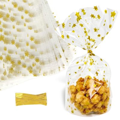 Capesaro Gold Cellophane Bags,Star Cellophane Treat Bags with Twist Ties,Thick Plastic Small Cello Bags for Bakery,Cookies, Dessert Candy Buffet Supplies (50 Pack)