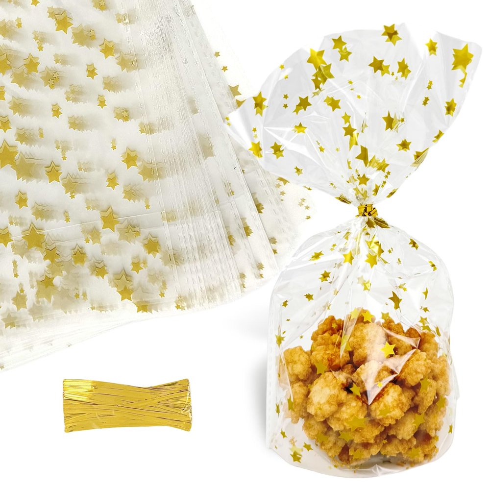 Capesaro Gold Cellophane Bags,Star Cellophane Treat Bags with Twist Ties,Thick Plastic Small Cello Bags for Bakery,Cookies, Dessert Candy Buffet Supplies (50 Pack)