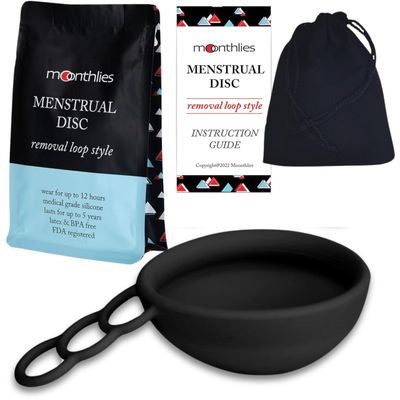 MOONTHLIES Reusable Menstrual Disc | Period Disc with Removal Loop Stem | Alternative to Menstrual Cups for Light or Heavy Flows | Sustainable Alternative to Tampons/Pads (1 Large, Black)