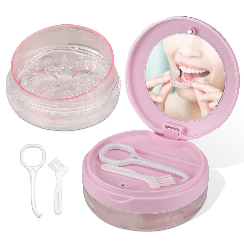 Denture Case, Leak Proof Denture Bath Case Cup Kit for Travel Cleaning, Heigoeost Denture Holder Box Bath Soaking Container for Women & Men with Mirror, Strainer, Removal Tool and Denture Brush(Pink)