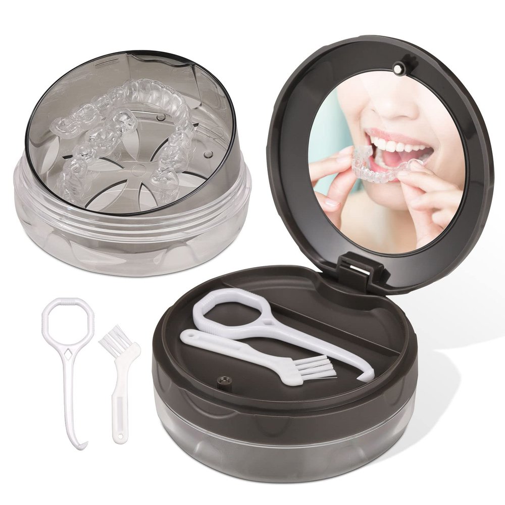 Denture Case, Leak Proof Denture Bath Case Cup Kit for Travel Cleaning, Denture Holder Box Bath Soaking Container for Women & Men with Mirror, Strainer, Removal Tool and Denture Brush(Grey)