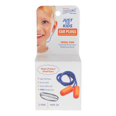 HEAROS Just for Kids Foam Ear Plugs, NRR 28, 3 Pairs, X-Small, Corded Hearing Protection (0005)