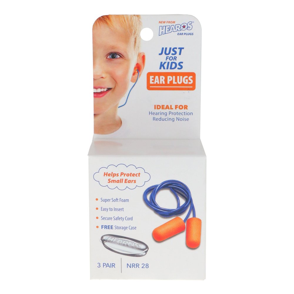 HEAROS Just for Kids Foam Ear Plugs, NRR 28, 3 Pairs, X-Small, Corded Hearing Protection (0005)