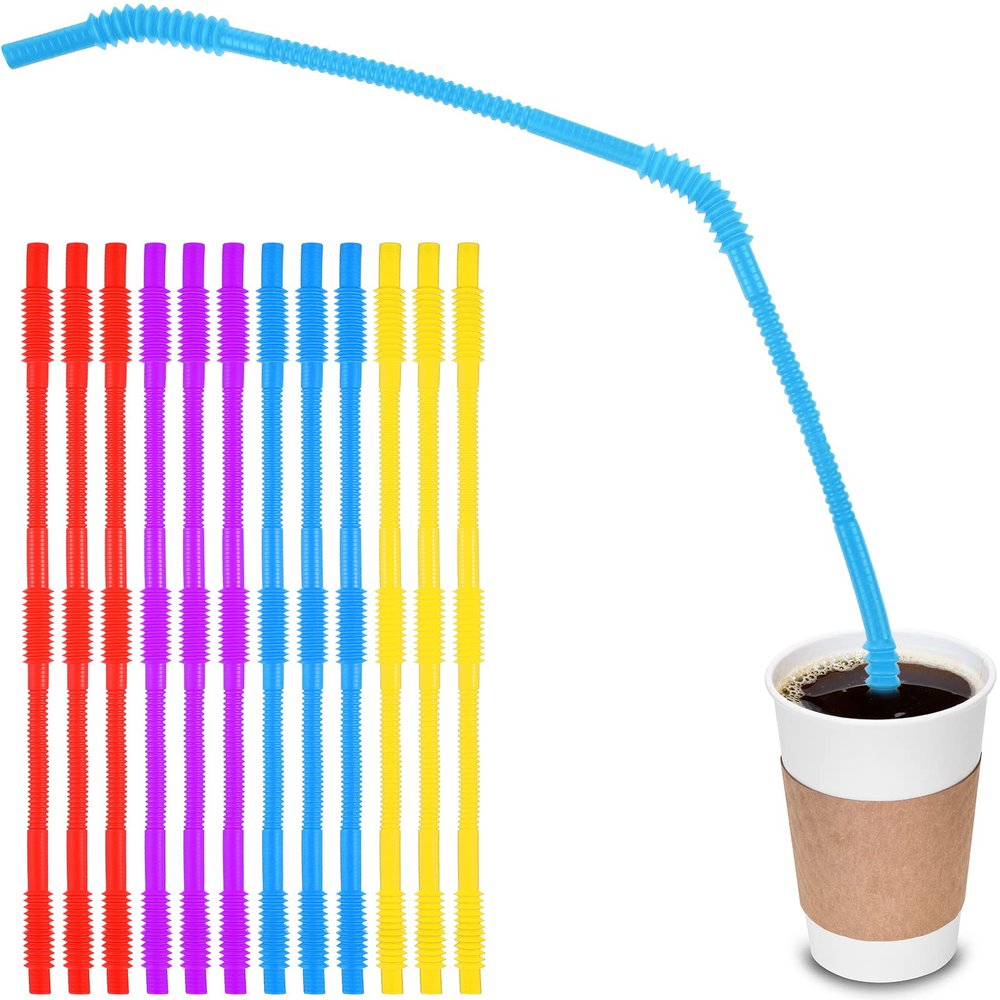 Geiserailie 12 Pieces Flexible Drinking Straws Extra Long Bendy Plastic Straws for Party Camping Limited Mobility Situations Dishwasher(Red, Yellow, Blue, Purple, 22 Inches)